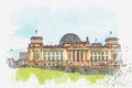 Watercolor sketch or illustration of a beautiful view of the Reichstag in Berlin.