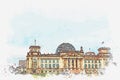 Watercolor sketch or illustration of a beautiful view of the Reichstag in Berlin.