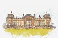 Watercolor sketch or illustration of a beautiful view of the Reichstag in Berlin.