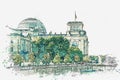 Watercolor sketch or illustration of a beautiful view of the Reichstag in Berlin.