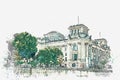 Watercolor sketch or illustration of a beautiful view of the Reichstag in Berlin.