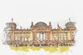 Watercolor sketch or illustration of a beautiful view of the Reichstag in Berlin.