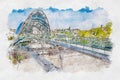 Watercolor sketch or illustration of Bridge of Peace over the Kura River in Tbilisi , Georgia