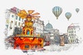 A watercolor sketch or illustration. Christmas market. Dresden, Germany Royalty Free Stock Photo