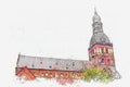 Watercolor sketch or illustration of the Dome Cathedral in Riga in Latvia.