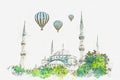 A watercolor sketch or illustration. The famous Blue Mosque in Istanbul is also called Sultanahmet. Turkey