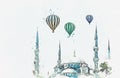 A watercolor sketch or illustration. The famous Blue Mosque in Istanbul is also called Sultanahmet. Turkey