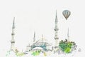 A watercolor sketch or illustration. The famous Blue Mosque in Istanbul is also called Sultanahmet. Turkey