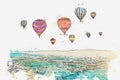 A watercolor sketch or illustration. The famous tourist attraction of Cappadocia is an air flight. Turkey.