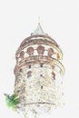 A watercolor sketch or illustration. Galata tower in Istanbul in Turkey.