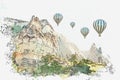 A watercolor sketch or illustration. Hot air balloon in the sky in Kapadokia in Turkey.