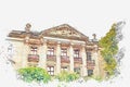 A watercolor sketch or an illustration. Museum building. Traditional European architecture in Berlin