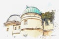 A watercolor sketch or illustration. Observatory on Petrishin Hill in Prague.