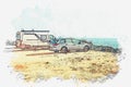 A watercolor sketch or an illustration. Parking on the shore of the ocean or the sea. Travel by car.