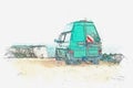 A watercolor sketch or an illustration. Parking on the shore of the ocean or the sea. Travel by car.