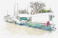 A watercolor sketch or illustration. Parking trailers. Traveling on a house on wheels