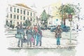 A watercolor sketch or illustration. Pedestrians cross street in Lisbon.