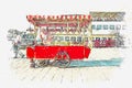 A watercolor sketch or illustration. Sale of a traditional Turkish bagel called Simit.