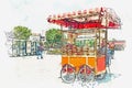 A watercolor sketch or illustration. Sale of a traditional Turkish bagel called Simit.