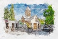 Watercolor sketch or illustration of the Sioni Church in Tbilisi. Georgia