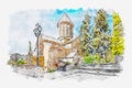 Watercolor sketch or illustration of the Sioni Church in Tbilisi. Georgia