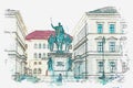 A watercolor sketch or illustration. Statue of King Ludwig the First of Bavaria in Munich