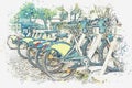 A watercolor sketch or an illustration. Street bike rental in Lisbon Royalty Free Stock Photo