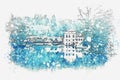 A watercolor sketch or an illustration of a street with houses in winter in Cesky Krumlov in the Czech Republic. Royalty Free Stock Photo