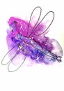 Watercolor Sketch Illustration, Tattoo Style: Contour Of Dragonfly On A Background Of Pink And Lilac Spots, Like Space With White