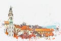 A watercolor sketch or an illustration of the traditional architecture in Cesky Krumlov in the Czech Republic Royalty Free Stock Photo