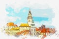 A watercolor sketch or an illustration of the traditional architecture in Cesky Krumlov in the Czech Republic Royalty Free Stock Photo