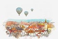 A watercolor sketch or an illustration of the traditional architecture in Cesky Krumlov in the Czech Republic Royalty Free Stock Photo