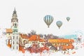 A watercolor sketch or an illustration of the traditional architecture in Cesky Krumlov in the Czech Republic Royalty Free Stock Photo