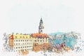 A watercolor sketch or an illustration of traditional architecture in Cesky Krumlov in the Czech Republic.