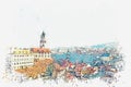 A watercolor sketch or an illustration of traditional architecture in Cesky Krumlov in the Czech Republic.