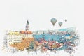 A watercolor sketch or an illustration of traditional architecture in Cesky Krumlov in the Czech Republic. Royalty Free Stock Photo