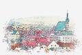 A watercolor sketch or an illustration of traditional architecture and a church in Cesky Krumlov in the Czech Republic Royalty Free Stock Photo