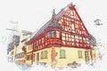 A watercolor sketch or an illustration of traditional Bavarian architecture in Germany Royalty Free Stock Photo