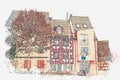 A watercolor sketch or an illustration of traditional German architecture in the city of Furth in Germany. Royalty Free Stock Photo