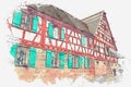 A watercolor sketch or an illustration of traditional German architecture in the city of Furth in Germany. Royalty Free Stock Photo