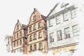 A watercolor sketch or an illustration of traditional German architecture in the city of Furth in Germany. Royalty Free Stock Photo