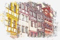 A watercolor sketch or an illustration of traditional German architecture in Nuremberg in Germany