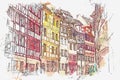 A watercolor sketch or an illustration of traditional German architecture in Nuremberg in Germany