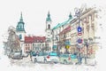 A watercolor sketch or illustration of a traditional street with apartment buildings in Warsaw