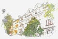 A watercolor sketch or an illustration of typical apartment building in Berlin.