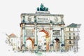 A watercolor sketch or illustration. Victory Gate triumphal arch Siegestor in Munich.