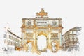 A watercolor sketch or illustration. Victory Gate triumphal arch Siegestor in Munich. Royalty Free Stock Photo