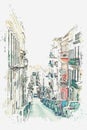 A watercolor sketch or an illustration. View of the beautiful street with houses, road and cars parked on it in Lisbon