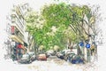 A watercolor sketch or an illustration. View of the beautiful street with houses, road and cars parked on it in Lisbon Royalty Free Stock Photo