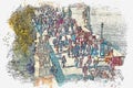 Watercolor sketch or illustration of the view of the Charles Bridge in Prague.